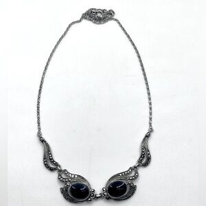 Art Deco Sterling Onyx & Marcasite Ornate Sterling Silver Chain Approx 16”